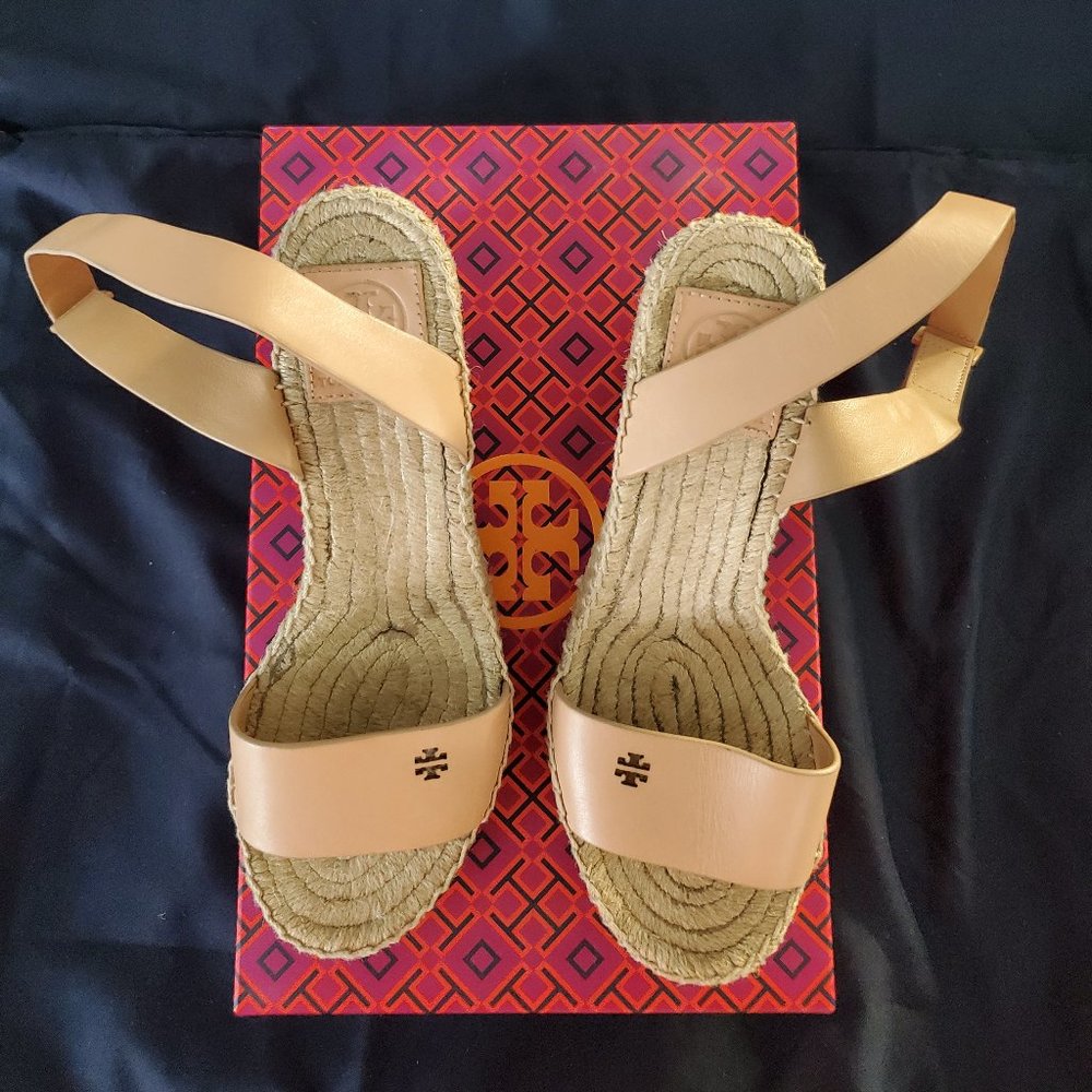 Tory Burch Bima 2 Espadrille Wedge Sandals Natural Vachetta Leather Size 7.0